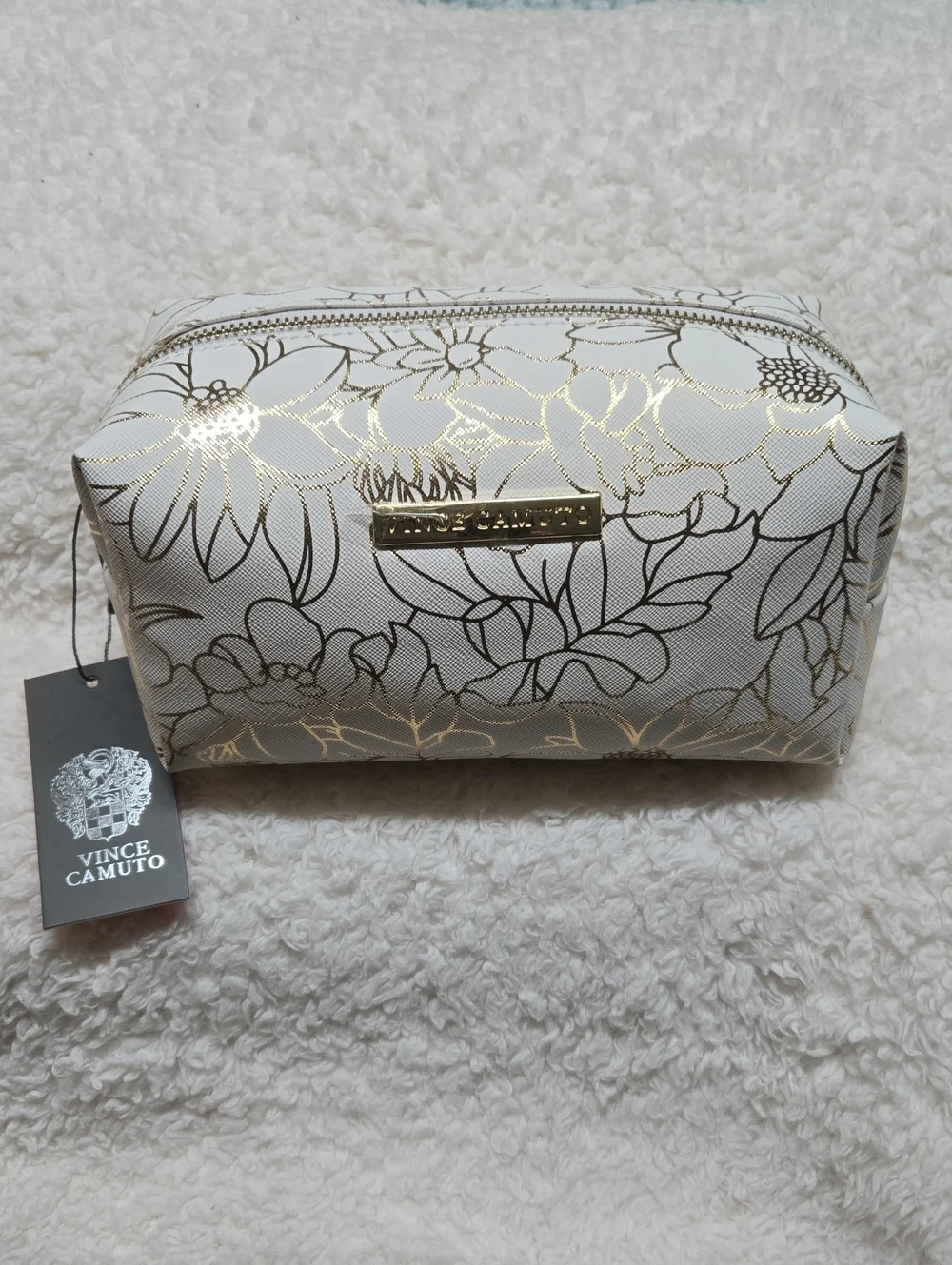 Vince Camuto White Cosmetic Bag with Gold Floral Accents